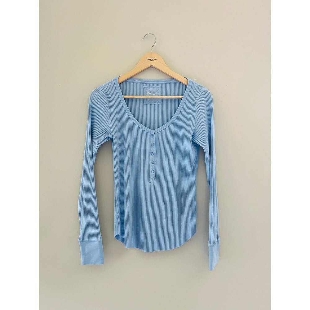 Aerie‎ Ribbed Long Sleeve Henley Top Light Blue 8J4Y57M Womens Medium